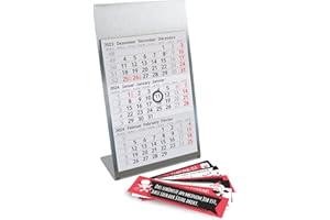 TIMR Calendrier de bureau à poser en acier inoxydable I Proverbe de bureau I pour 2 ans 2023/2024 I Calendrier 3 mois Bloc magnétique I Multilingue D/GB/F I Argent mat Petit I tr_084
