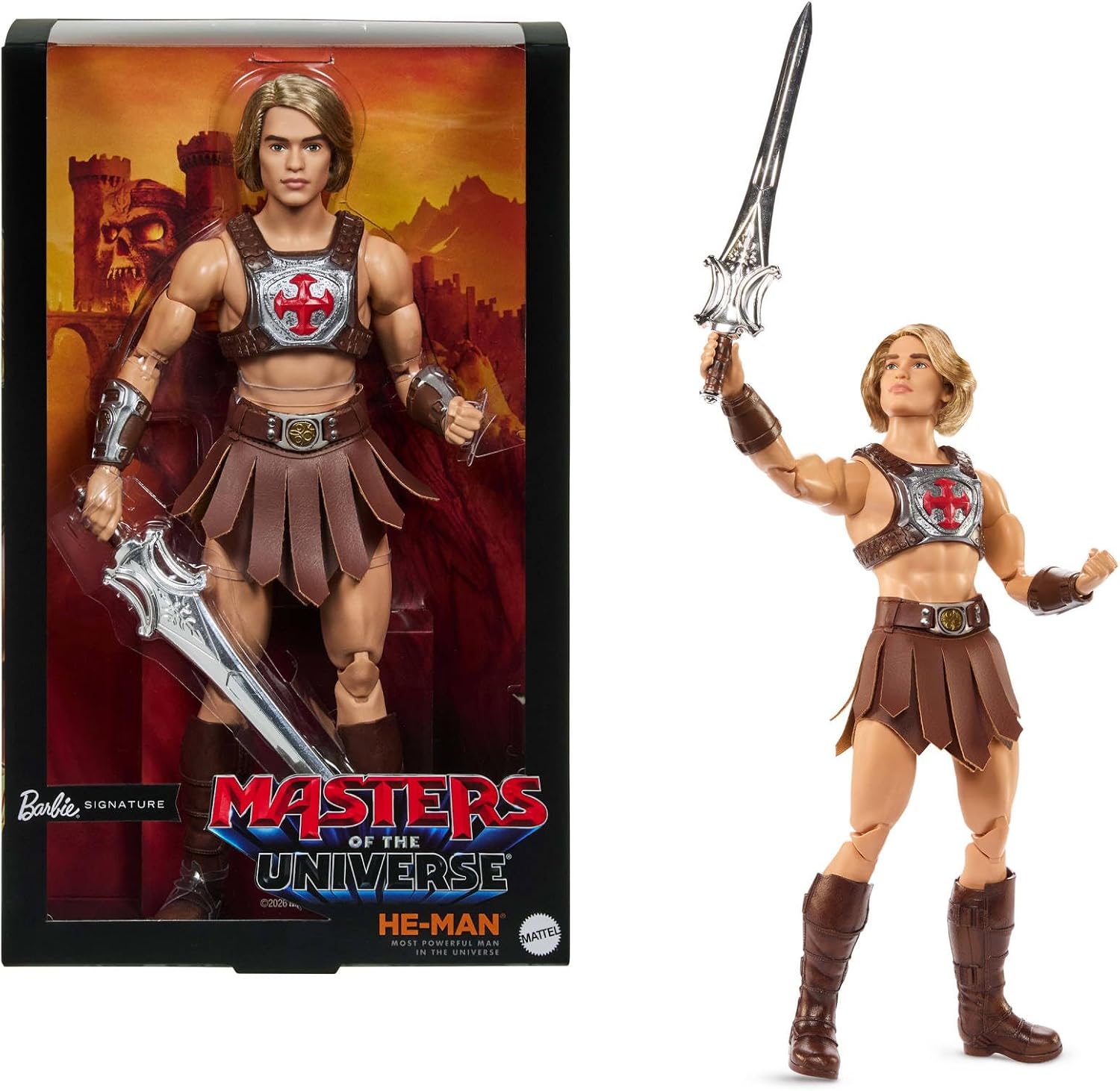 Barbie Signature Ken He-Man Muñeco Coleccionable con arnés de Batalla, Espada, Soporte para el Juguete y Embalaje Expositor, temática de la película de Motu, JJY03