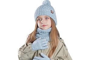 LANCRY Kinder-Wintermütze, Schal und Handschuhe, warme Thermo-Strickmütze, Halswärmer, Touchscreen-Handschuh mit weichem Fleecefutter, für Mädchen und Jungen, Alter 4–10 Jahre
