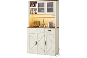 VASAGLE Armario con Luces y Cargador, Armario de Cocina, con Puertas y Cajones, 39,5 x 106,5 x 180,6 cm, Estantes Ajustables, Estilo Rústico, Blanco Rústico y Marrón Miel BBK391W02