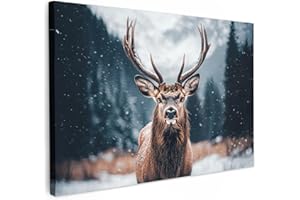 MuchoWow© Leinwand Groß 120x80 cm XXL Deko Schlafzimmer Aesthetic Leinwandbilder Wohnzimmer Gemälde Foto Geschenk Living Room Decoration Hirsch - Tiere - Landschaft - Winter - Schnee