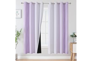 VEHEDE Blackout Wave Curtains for Living Room, Noise Reducing Eyelet Gradient Drapes for Bedroom, Ombre Energy Saving Short Curtains for Kitchen, W52 x L54 Inch, Lilac and Greyish White, 2 Panels