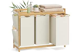 SONGMICS Laundry Basket with 3 Compartments, Laundry Hamper, Holds up to 150 L, Laundry Sorter, with Shelf, Laundry Bag, Side Pockets, 3 x 50 L, 94 x 33 x 78 cm, Cream White RLH115W01