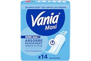 Vania – Serviettes Hygiéniques Maxi Super Fresh (14 pièces) – Serviettes à absorption rapide haute tolérance – Protection périodique avec forme anatomique et 4 barrières protectrices