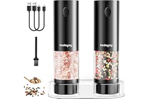 Salz und Pfeffermühle Elektrisch, Wiederaufladbare Pfeffermühle mit 5 Stufen einstellbarem Keramik Mahlwerk, Basis, LED Licht, 100mL große Pfefferstreuer- 2er Set(Schwarz)