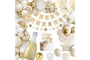 Geburtstagsdeko, Deko Geburtstag, Happy Birthday Deko mit Banner Ballon Girlande Pompons Beige Gold für Frauen Mann Geburtstag Party Deko