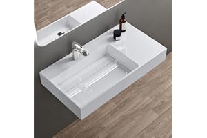doporro Lavabo Bagno Sospeso Lavabo da Appoggio Rettangolare in Marmo Resina Bianco Lucido, Vasca a Sinistra 90x48x13 cm con 1 Foro Rubinetto e Piletta Scarico, Colossum12