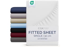 CGK UNLIMITED Single Fitted Bed Sheet 90x190x30cm - Deep Fitted Sheet for Mattresses up to 30 cm (12") - Soft Brushed Microfiber - Wrinkle, Shrinkage & Fade Resistant - OEKO-TEX - White - Bottom Sheet