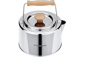 KingCamp Tetera de acero inoxidable ligero con mango de bambú para acampar al aire libre, camping, senderismo, picnic
