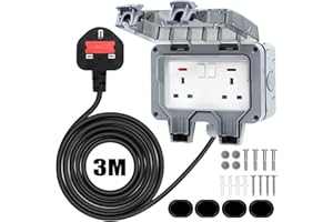 RICOKEY Weatherproof Outdoor Socket Waterproof Double Socket 3M Cable Extension Lead IP66 Switched Wall Electrical Outlet 13 Amp 2 Gang Power Socket, Garden Outside Plug Sockets Cover Box