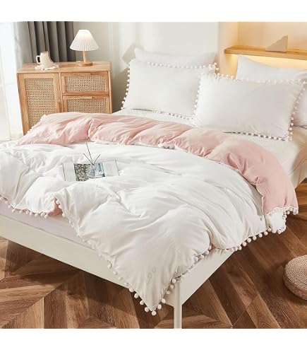 Bedbay Queen Duvet Cover Set - Pom Pom Fringe, Reversible White & Beige, Ultra Soft Microfiber, Zipper & Corner Ties - View #7