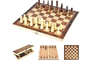 JurciCat Schach aus Holz Tragbares faltbares Schachspiel Schachbrett Holz Hochwertig 3 in 1 Chess Board Set für Familie Aktivitäten Party Erwachsene Kinder Reisen