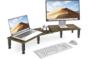 AX WABER Supporto per doppio monitor, supporto per monitor con lunghezza e angolo regolabili, supporto per monitor in legno per scrivania, per 2 monitor con spazio di archiviazione