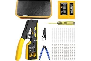 HANDSKIT Herramienta de Crimpado RJ45,Kit de Crimpadora RJ45,Kit de Herramienta de Red Alicates de Crimpar para Conectores RJ45 con Cat5/Cat6/Cat 7 8P,con 60xConectores Pasantes y 60xTapas Protectoras