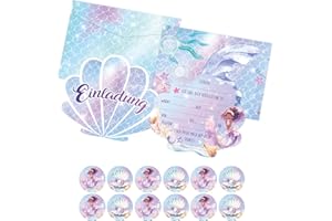 Huahuanghui 12 x Einladungskarten Meerjungfrau, Einladungen Kindergeburtstag Mädchen mit Umschläge, Party Einladungskarten Mädchen, Meerjungfrau Geburtstag Deko, für Kinderparty, Geburtstagsfeiern