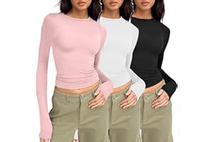 ERRCOM 3er Pack Basic Langarmshirt Slim Fit Damen Y2K Oberteile Langarm Shirts Rundhals Cropped Tee Einfarbig Basic Crop Tops Casual Athletisches Top Teenager Streetwear