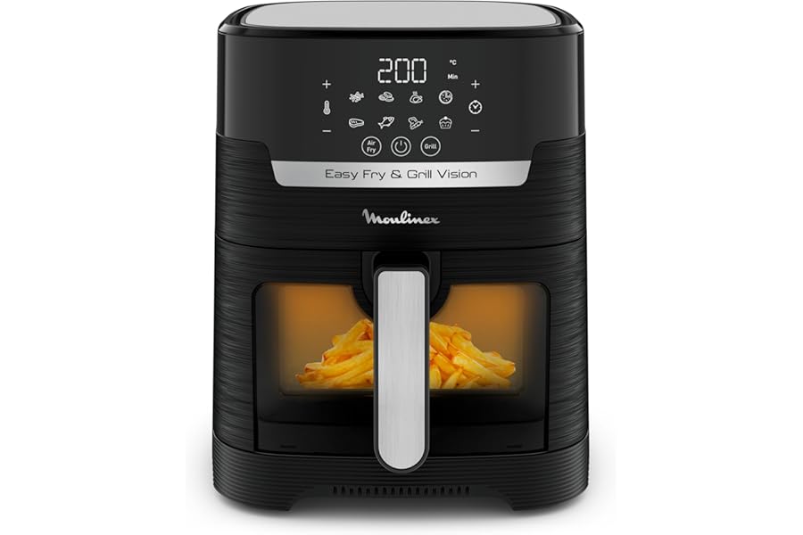 Moulinex Easy Fry & Grill Vision Air Fryer 4.2 Litres/1 kg, Electric Grill, Up to 6 People, Removable Grill, 8 Programs, Grill Technology and Extra Crisp, App for Recipes, EZ5068
