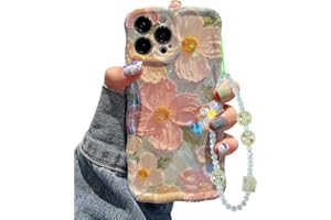 Jusy Funda con diseño de flores de pintura al óleo compatible con iPhone 13 Pro Max, con cadena de pulsera, colorido retro floral lindo marco ondulado rizado para mujeres y niñas para Apple 13 Pro Max