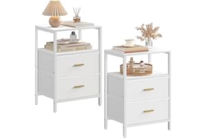 ‎HZUANERI Hzuaneri Nachttisch 2er Set, Beistelltisch mit 2 Stoff-Schubladen und Regalen, Offenes Fach, Couchtisch, Nachtschrank Schlafzimmer, für Wohnzimmer, Schlafzimmer, Weiß NS30713W