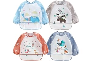 Tomkity 4 Pezzi Bavaglino a Manica Lunga Impermeabili Bambino Bandana Drool Bavaglini Panno per Ruttino Neonato (4 pz manica lunga)