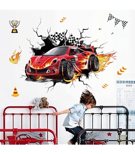 wondever Grands autocollants muraux 3D en forme de voiture de course pour chambre de garçon, chambre d'enfant, salle de jeux wondever Grands autocollants muraux 3D en forme de voiture de course pour chambre de garçon, chambre d'enfant, salle de jeux