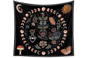LEDSHLIU Tapiz bohemio negro para dormitorio, sala de estar interior, tapiz decorativo de flores coloridas, flor colgante de sol y luna (73*95cm)