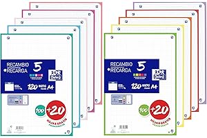 Oxford, Hojas Cuadriculadas A4 Perforadas, Pack de 2 Recambios Archivador, 240 Hojas, Cuadrícula 5x5, Bandas de Colores Pastel y Vivos