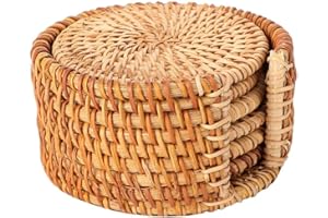 HERCHR Juego de 6 Posavasos de ratán Hechos a Mano con Soporte, Estera de Aislamiento de Mesa Redonda, Resistente Al Calor Almohadillas Calientes, Posavasos Madera para Vasos para Bebidas