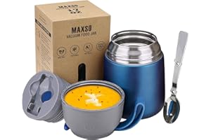 LOGEEYAR Boîtes Alimentaires Isothermes, Boîte Isotherme Repas Chaud Porte-Aliments en Acier Inoxydable à Double Couche, Thermoisolant Boîte avec Cuillère Pliante pour Ecole, Bureau, 500ml Bleu