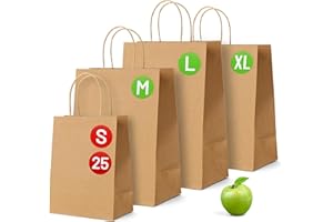 PWGOODS Brown Paper Bags with Handles - 25 Pack, Small 9 x 7 x 3.5'', 100gsm Kraft Material, Twisted Handle Carrier Bag, Retail Lunch Party Gift Shopping Grocery