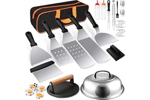 Griddle Accessories Kit, Terlulu 29 PCS Flat Top Grill Accessories for Blackstone and Camp Chef, Metal Spatula Set with Burger Press, Melting Dome, Scraper, Tongs, Carry Bag for Outdoor Grilling BBQ