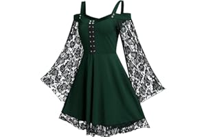 FEOYA Women's Lace Sleeve Gothic Dress Strap Steampunk Bandage Midi Long Dresses Sexy Cold Shoulder Retro Dress Elegant Cocktail Party Dress Halloween Cosplay Size L-5XL/UK 12-24