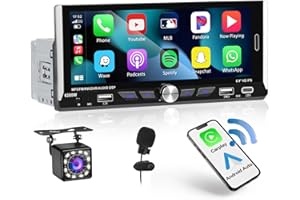 [2024 Nowość] Hikity 1 Din Radio samochodowe Bluetooth z bezprzewodowym CarPlay i Android Auto, ekran dotykowy 6,9" radio samochodowe z dwoma portami USB typu C Zdalna kamera cofania Mic FM