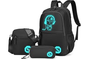 Kono Świecący plecak szkolny zestaw 3 w 1, anime chłopięcy tornister, torba crossbody, piórnik, plecak na laptopa 15,6 cala dla studentów, nastolatków, dziewcząt, Czarny, Chłopięca świecąca torba na
