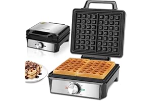 Aigostar Waffle Maker with Deep Fill Anti Spill Plates, 1600W Fast Cooking Waffle Iron with Adjustable Temperature Control, Non-Stick Coating, Cool Touch Handle, Belgian & American Waffles - Savory