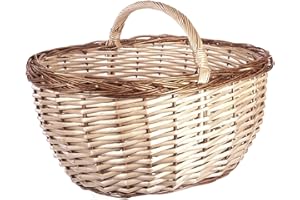 TWO TIGERS Cesta de Mimbre Grande Bicolor con Asa. 2 Tamaños a Elegir. Cesta de Almacenaje Multiusos. Ideal para Recolección de Setas, Frutas, Verduras, Madera o Decoración Vintage (Bicolor 45 x 33 x 32 cm)