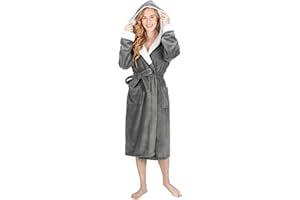 MONHOUSE Womens Dressing Gown - Premium Super Soft & Cosy Long Bathrobe - Ladies Thick Flannel Luxury Housecoat - Shearling Spa Robe for Her - Warm Fluffy Sherpa Bathrobe with Hood, Pockets & Tie