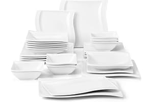 MALACASA Plates and Bowls Set, 26-Piece Dinner Sets with 6-Piece Dinner Plate/Soup Plate/Dessert Plate/Bowl and 2 Serving Platters, Ivory White Porcelain Dinnerware Set Service for 6, Series Flora