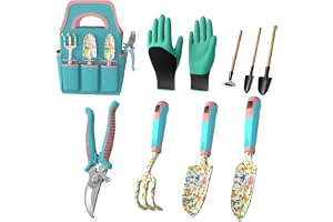 Kit med 9 trädgårdsredskap, handverktyg i aluminiumlegering med trädgårdsväska, robust utomhusverktygsset med ergonomiskt handtag, trädgårdsgåvor (blommönster)