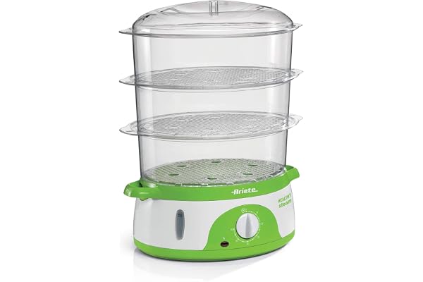 Cuiseur vapeur électrique Ariete 911 Healty Steam avec minuterie 60 ', 3 paniers, indicateur de niveau d'eau, récipient à riz, gain de place, 800 W, 9 litres, blanc/vert