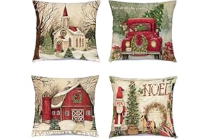 Taipintee 4 Pezzi Cuscini Natalizi Divano 45 * 45 Cotone e Lino Copri Cuscini per Divano per Arredo Home Decor Regalo di Natale Decorazioni Natalizie (Rosso)