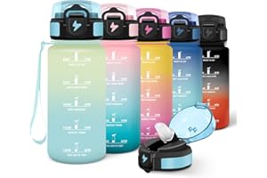 Motswedi Gourde Enfant, 500ml avec Paille, Gourde Sport, Réutilisable, Anti-Fuite, Bouteille, avec Marqueur de Temps, Bouteille d'eau, pour École, Fitness, Yoga, Sport, Blanc Cassé-Bleu Clair