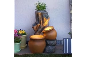 Festive Lights - 53.5cm Rustic Tree Trunk LED Lit Hybrid Terracotta Water Feature with Planter - Solar, USB & Plug In Power, Indoor Outdoor Garden Fountain, Timer Function, Polyresin, External Panel