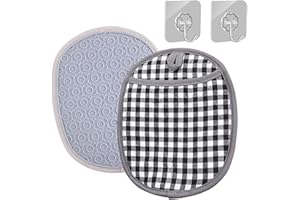 Bamyli 2Pcs Silicone Pot Holder with Pocket, Oven Gloves Set, Heat Resistant Anti-Slip Pot Holder Mitt with 2 Sticky Hooks for Cooking Kitchen (Grid)