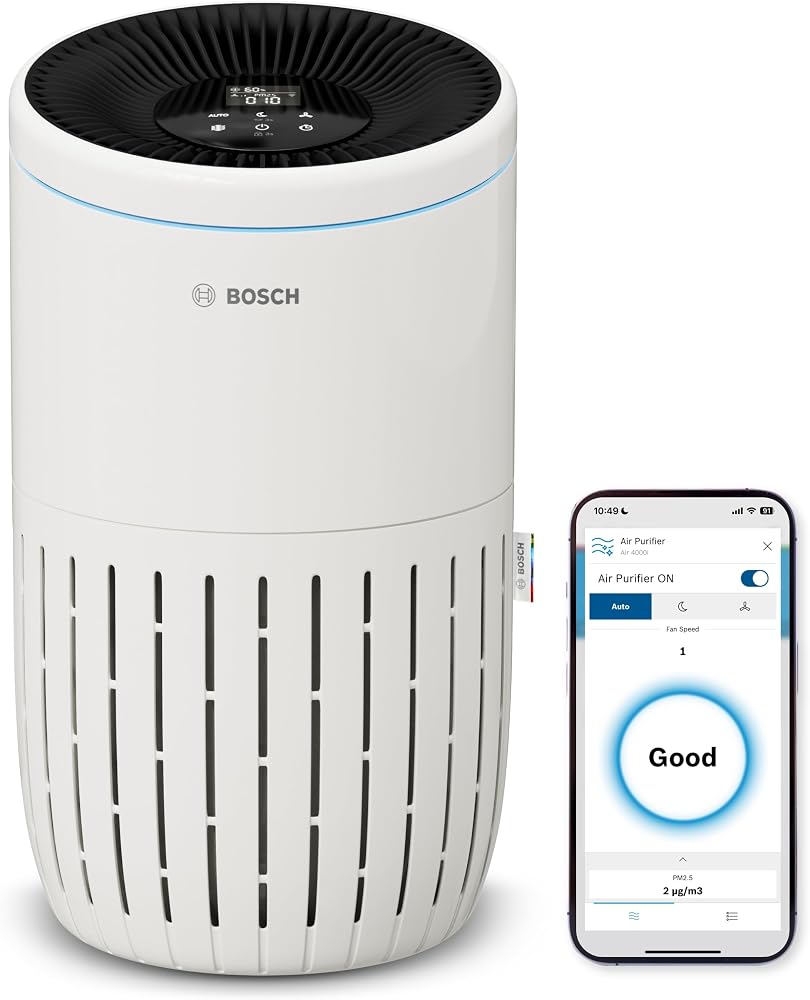 Bosch Air 4000i akıllı hava temizleyici – 62,5 m² kapsama alanı – Zararlı maddelerin%99'undan fazlasını etkili bir şekilde filtreler - Oto/Uyku modu (< 25 dB(A)) - CADR: 300 m³/sa - Ekran ve uygulama