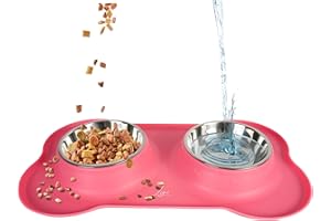 Ligo - Ciotole per Cani e Gatti di Piccola, Media e Grande Taglia, Ciotola Doppia in Acciaio Inossidabile Antiscivolo e Anti Goccia, Ciotola Cane con Tappetino in Silicone (M, ROSA)