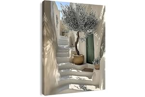 Canvas Wall Art Framed – Mediterranean Olive Tree on White Steps Artwork, Greek Island Style Wall Decor for Living Room, Bedr