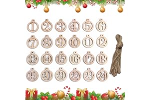RAKIUTY Calendrier de l'Avent en Bois,Calendrier de l'Avent,1-24 Carte de Numéro en Bois,24pcs Pendentifs Noël Étiquettes pour Décoration Cadeau Abre de Noël