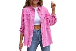 MTROTE HXUE - Chaqueta vaquera rasgada con bordes crudos de longitud media - Chaqueta vaquera rasgada de manga larga para mujer Primavera y otoño Tops casuales con solapa y bolsillos