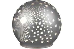 formano LED Deko-Kugel Silber Sterne 12 cm Glaskugel Timer 6h / 18h Weihnachten - Mattes Farbglas mit winterlichem Dekor - Herbst Winter Weihnachtsdeko für Tisch Regal Fensterbank